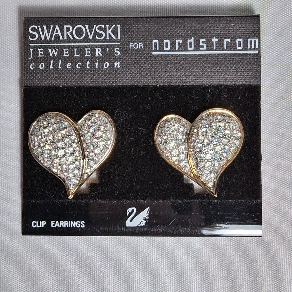 Swarovski Crystals Signed Gold Tone Heart Clip on Earrings NWT